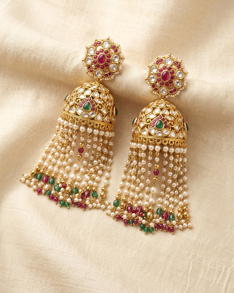 Royal Kundan & Pearl Drop Jhumkas thumb 2