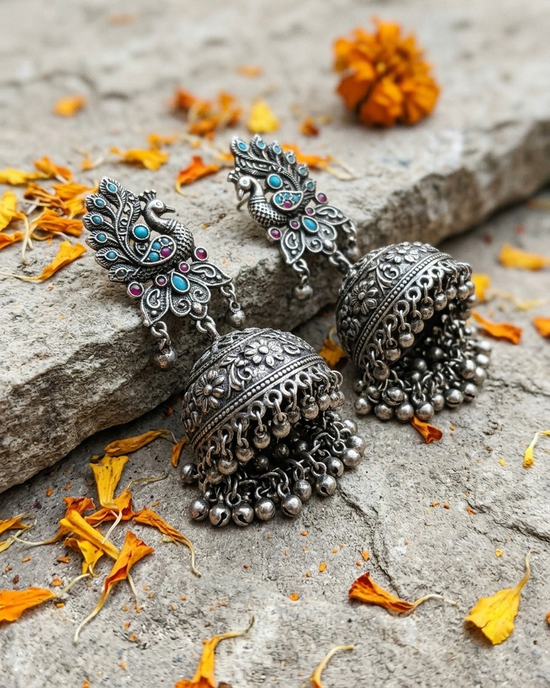 Temple Peacock Oxidised Jhumka thumb 2